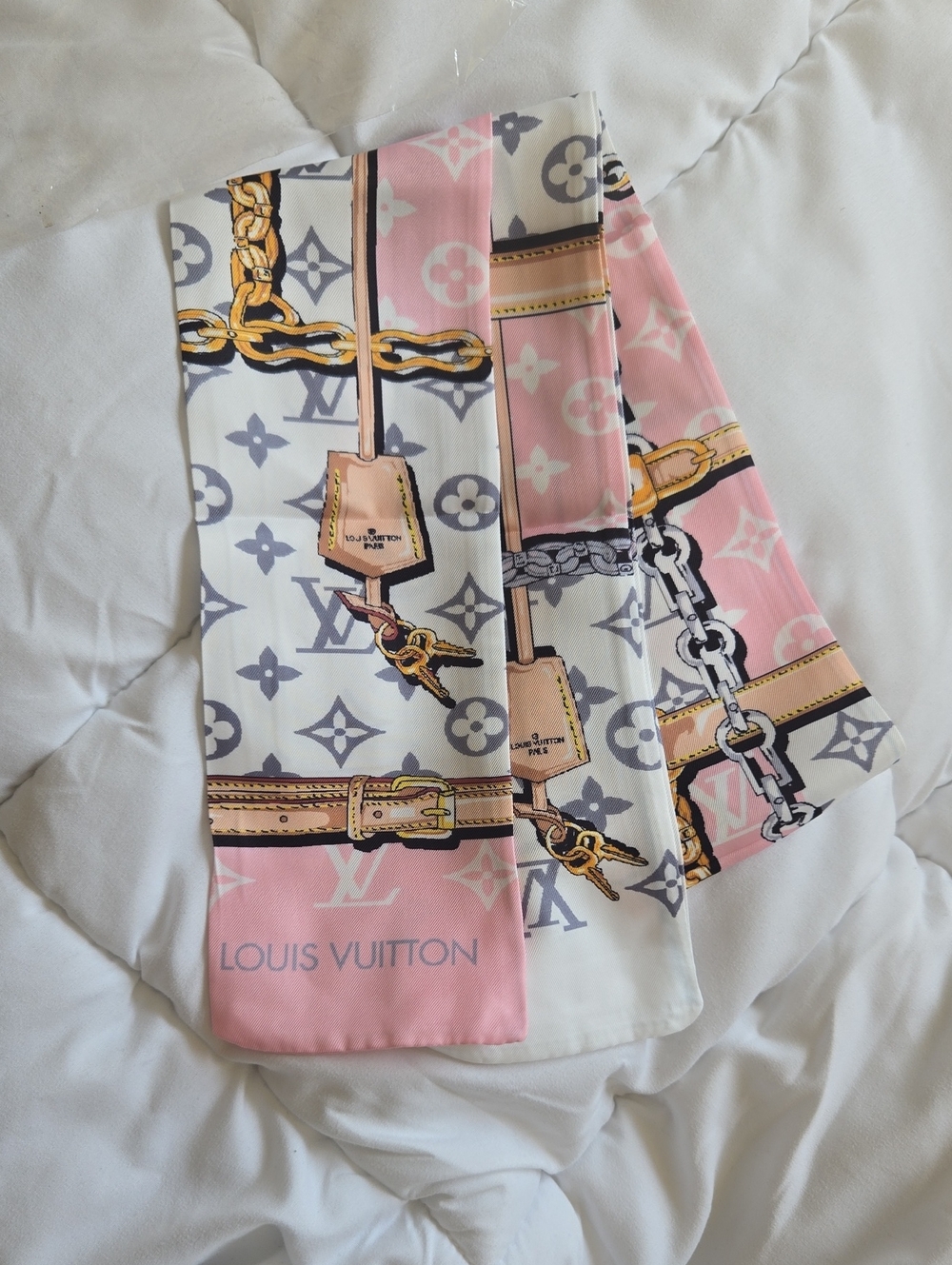 Louis Vuitton Pink, White & Gray Monogram Silk Scarf